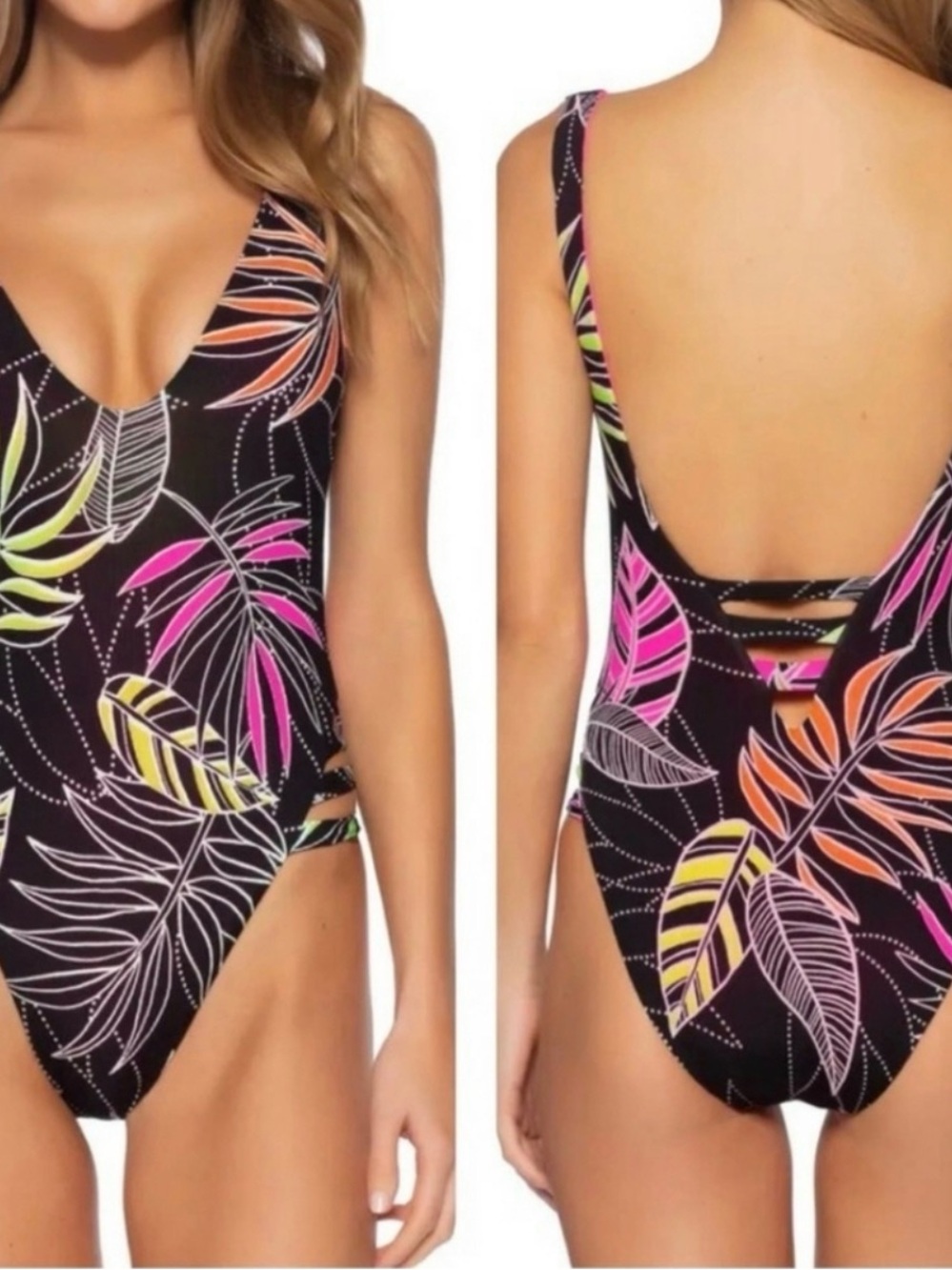 BECCA Black One-Piece Swimsuit with Pink, Orange & Yellow Leaf Print